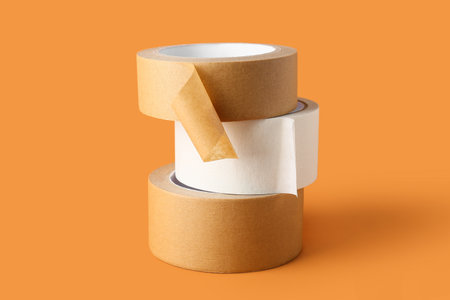 Rolls of masking tape on orange backgroundの写真素材