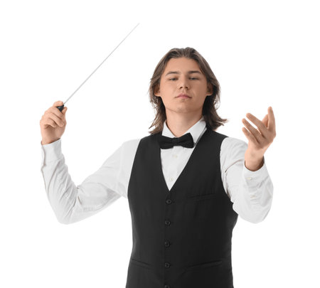 Young male conductor on white background