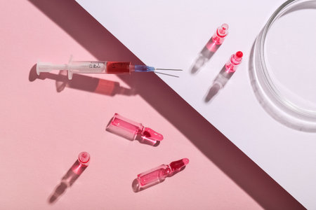 Glass ampoules with syringe and paper sheet on pink backgroundの写真素材