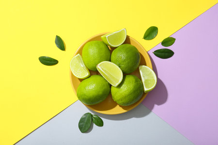 Plate with fresh ripe limes and leaves on colorful backgroundの写真素材