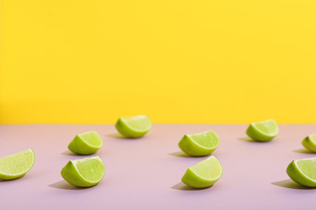Pieces of fresh ripe limes on lilac table against yellow backgroundの写真素材