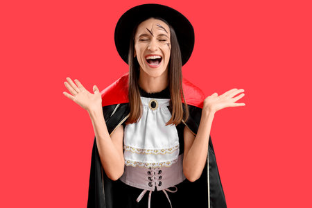 Beautiful young happy woman dressed as vampire for Halloween on red backgroundの写真素材