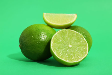 Fresh ripe limes on green background