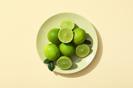 Plate with fresh ripe limes on yellow backgroundの写真素材