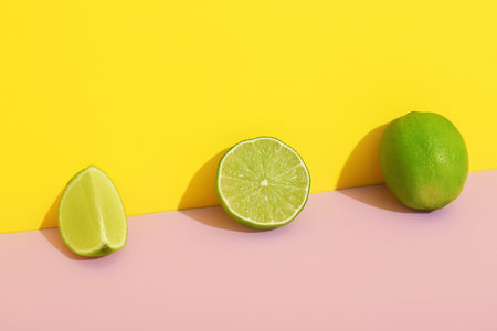 Fresh ripe limes on lilac table against yellow backgroundの写真素材