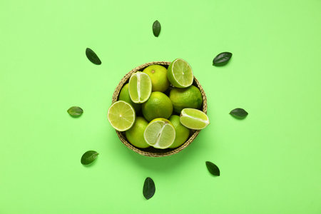 Wicker basket with fresh ripe limes and leaves on green background