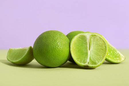 Fresh ripe limes on green tableの写真素材