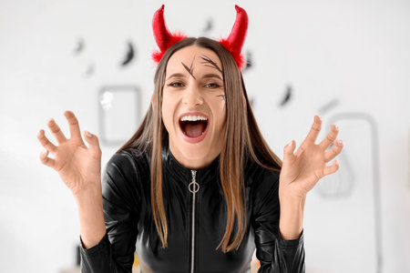 Beautiful young happy woman dressed as devil for Halloween at homeの写真素材