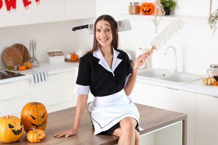 Beautiful young happy woman dressed as maid for Halloween with duster and pumpkins sitting on table in kitchenの写真素材