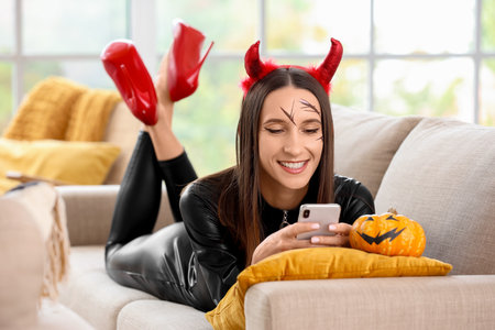 Beautiful young happy woman dressed as devil for Halloween with mobile phone lying on sofa at homeの写真素材
