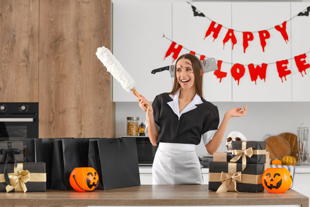 Beautiful young happy woman dressed as maid for Halloween with duster, gift boxes, shopping bags and pumpkins on table in kitchenの写真素材