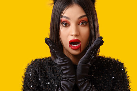 Beautiful young shocked woman in bats headband dressed for Halloween on yellow backgroundの写真素材