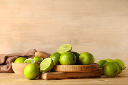 Plate with fresh ripe limes on wooden backgroundの写真素材