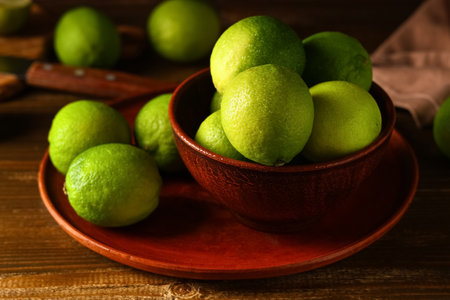 Bowl and plate with fresh ripe limes on wooden backgroundの写真素材
