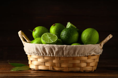 Wicker basket with fresh ripe limes on wooden backgroundの写真素材
