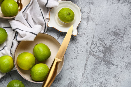 Bowl with fresh ripe limes and juicer on gray backgroundの写真素材