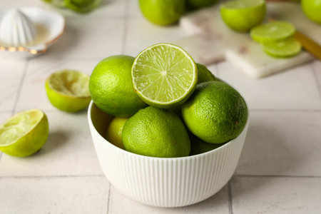Bowl with fresh ripe limes on white tile backgroundの写真素材