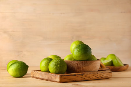 Bowl and cutting board with fresh ripe limes on wooden backgroundの写真素材