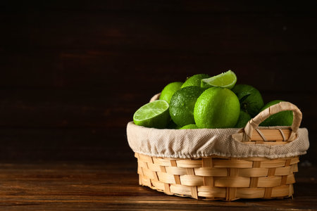 Wicker basket with fresh ripe limes on wooden backgroundの写真素材