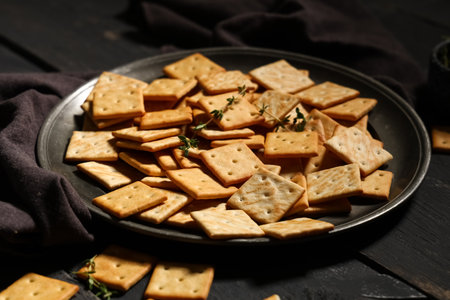 Composition with plate of tasty crackers on black wooden background, closeupの写真素材