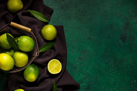 Basket with fresh ripe limes and leaves on green backgroundの写真素材
