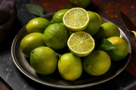 Plate with fresh ripe limes on dark background, closeupの写真素材