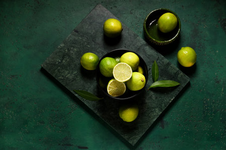 Bowl with fresh ripe limes and leaves on green background