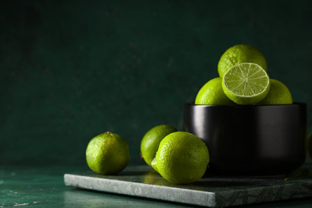 Bowl with fresh ripe limes on green background