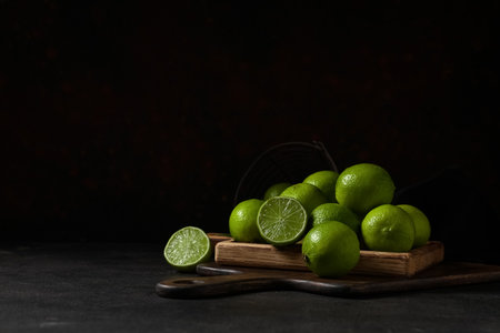 Wooden board with fresh ripe limes on black backgroundの写真素材