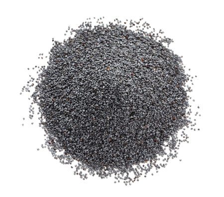 Heap of poppy seeds isolated on whiteの写真素材