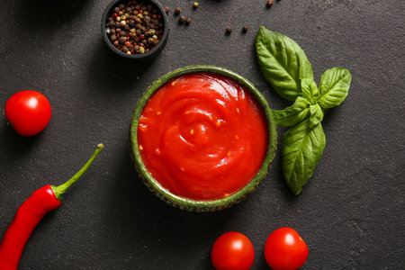 Bowl of tasty tomato sauce with basil leaves, peppercorns and chili pepper on black backgroundの写真素材