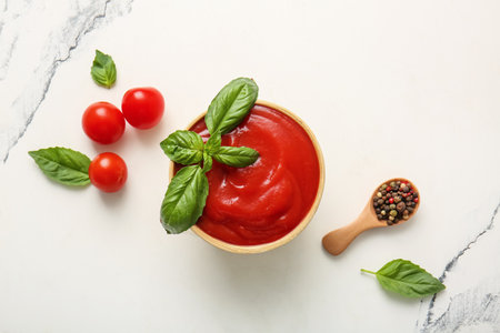 Bowl of tasty tomato sauce with basil leaves and peppercorns on white backgroundの写真素材