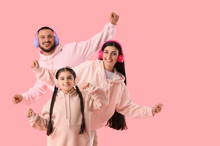 Happy parents with their little daughter in headphones dancing on pink backgroundの写真素材