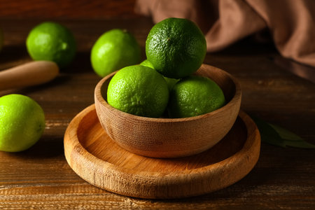 Bowl with fresh ripe limes on wooden background, closeupの写真素材