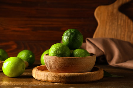 Bowl with fresh ripe limes on wooden backgroundの写真素材