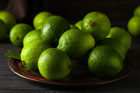 Plate with fresh ripe limes on black wooden background, closeup