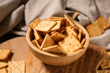 Composition with wooden bowl of tasty crackers on gray napkin as background, closeupの写真素材
