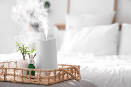 Tray with air humidifier, essential oil and plant on bench in bedroom, closeupの写真素材