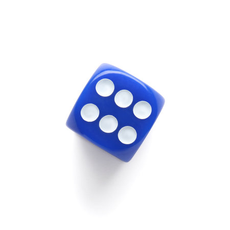 Blue game dice on white backgroundの写真素材