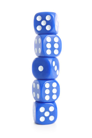 Stack of blue game dices on white backgroundの写真素材