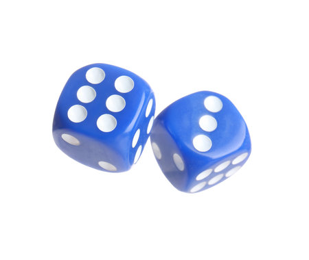 Blue game dices on white backgroundの写真素材