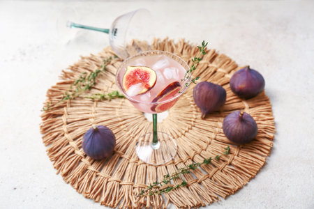 Composition with glass of tasty fig lemonade and ingredients on white grunge background, closeupの写真素材