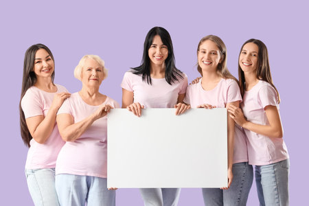 Group of beautiful women with blank poster on lilac background. Feminism conceptの写真素材