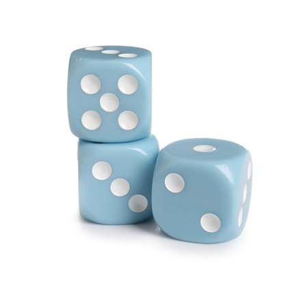 Blue game dices on white backgroundの写真素材