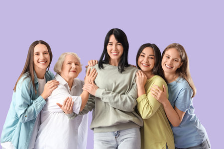 Group of beautiful women hugging on lilac background. Feminism conceptの写真素材