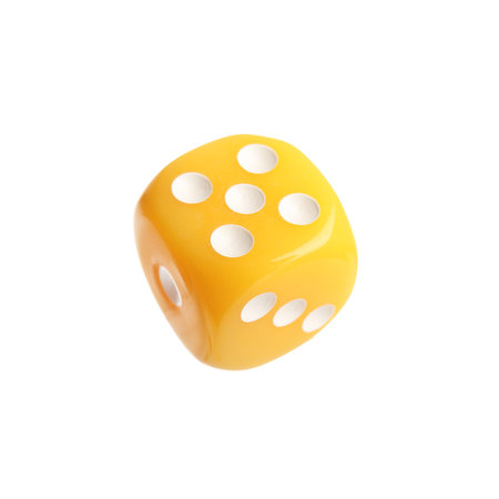 Yellow game dice on white background