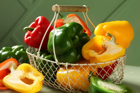 Basket with fresh colorful bell peppers on green wooden tableの写真素材
