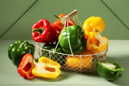 Basket with fresh colorful bell peppers on green wooden tableの写真素材