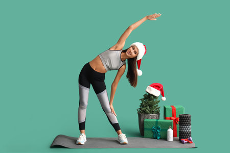 Sporty young woman in Santa hat with Christmas presents training on green backgroundの写真素材