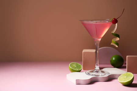 Glass of tasty Cosmopolitan cocktail garnished with cherry and limes on pink table against brown...